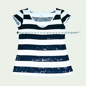 White w/ Blue Sequins Striped T-shirt